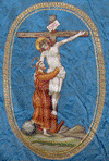Saint Franois d'Assise et le Christ. Dtail d'une bannire de procession.